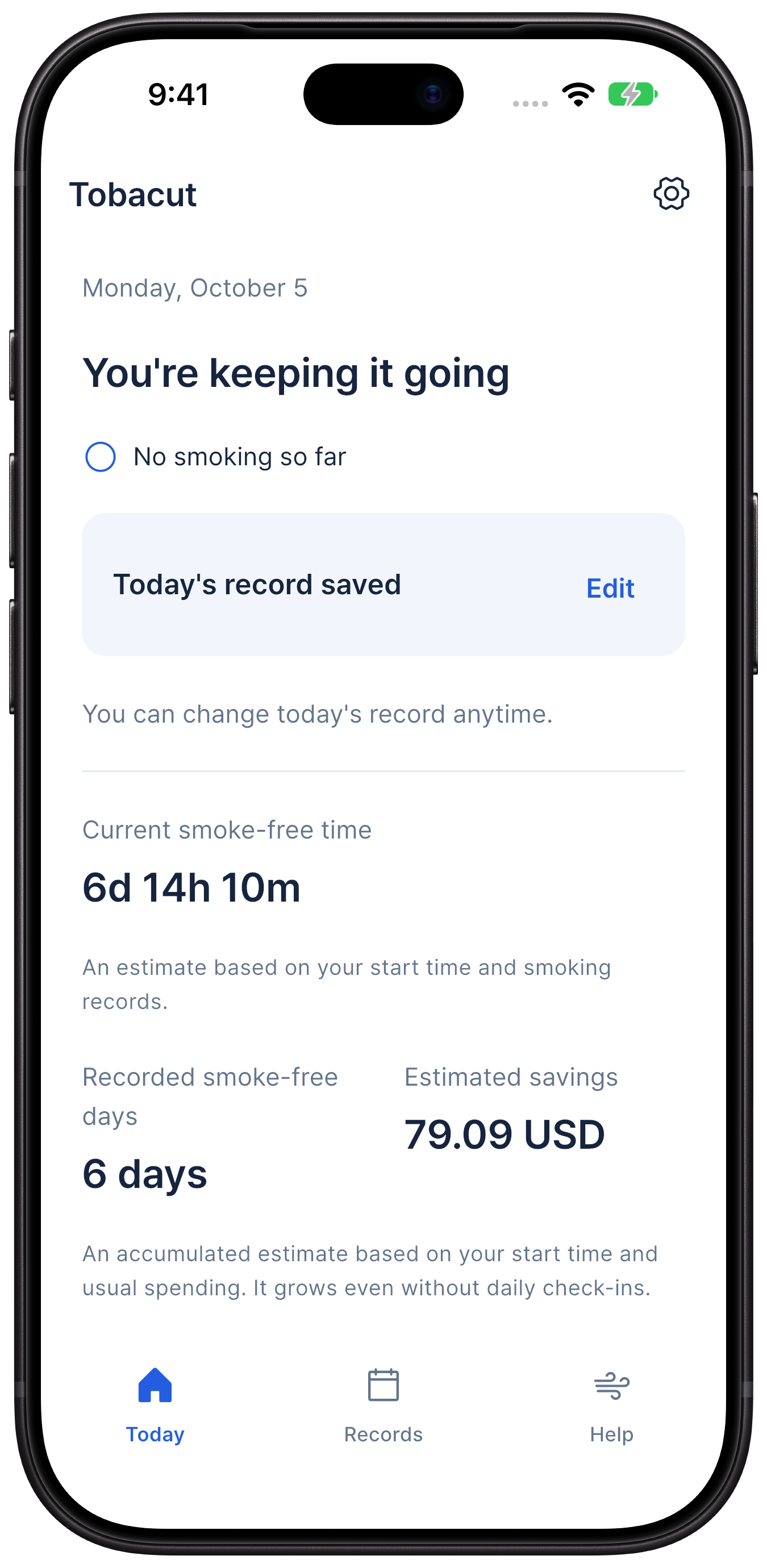 Tobacut interface with sample data